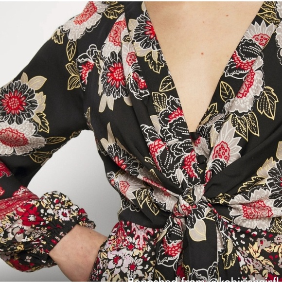 FREE PEOPLE top, multicolored, size medium, deep Vneck, seam at waist and tie - Picture 1 of 10